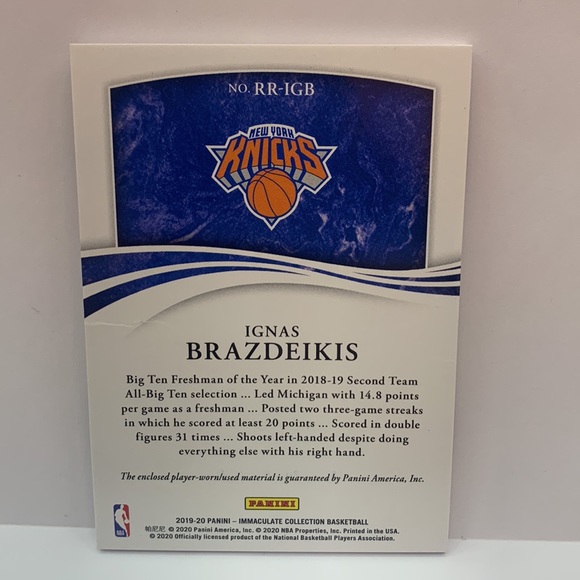 2019-20 Panini Remarkable Jerseys Ignas Brazdeikis 17/25 #RR-IGB (MISC10) - Picture 2 of 2